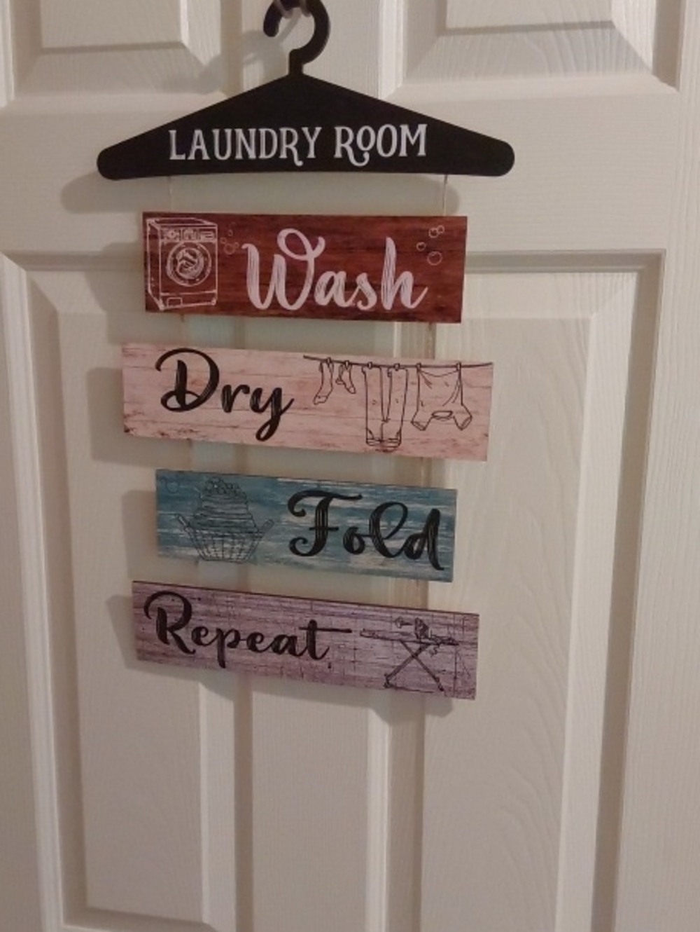 Laundry Room Hanging Wood Sign - Multi-Color Wash Dry Fold Repeat